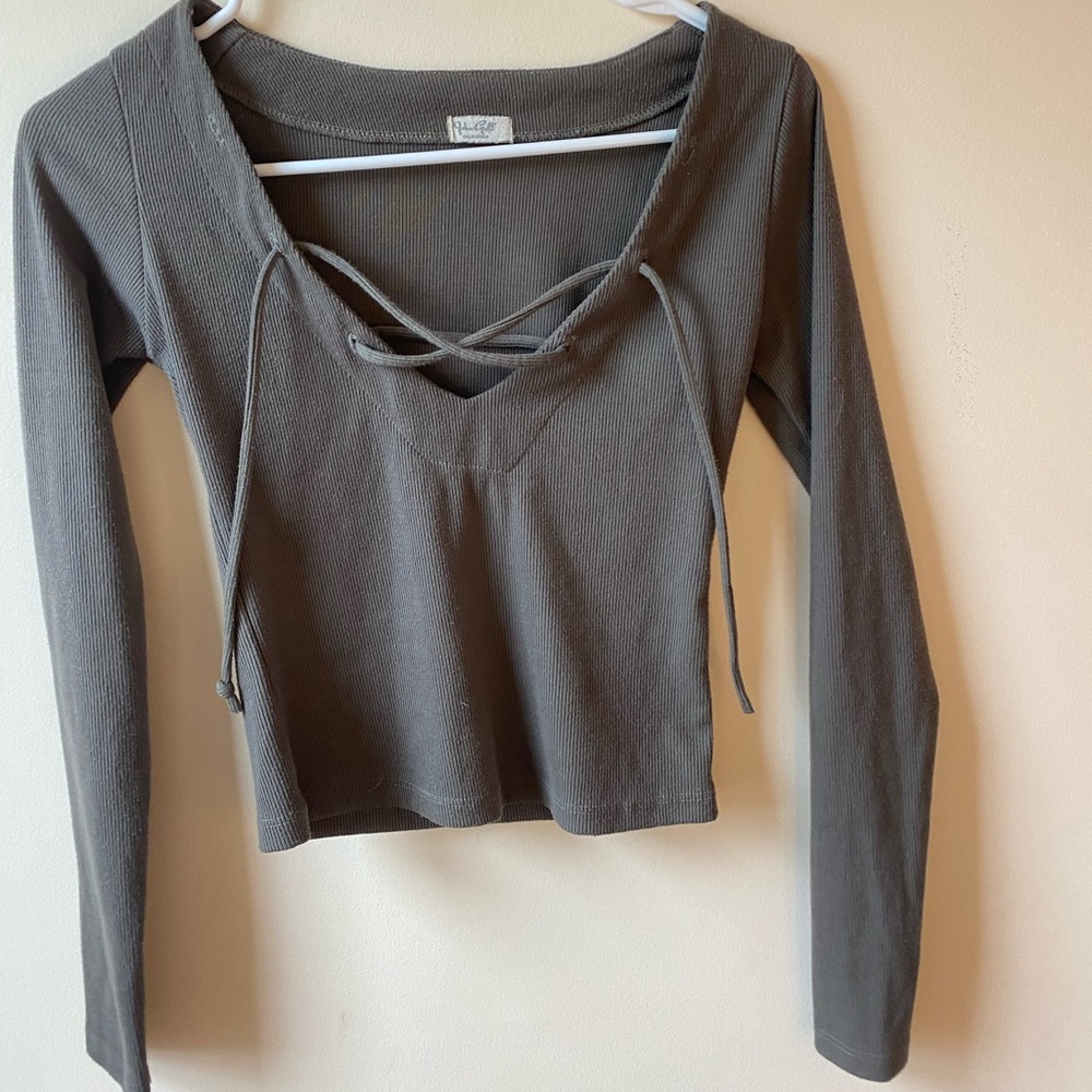 Green ribbed long sleeve with front tie